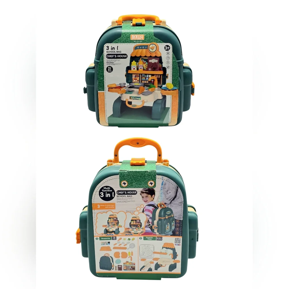 3-in-1 Kids Chef Kitchen Playset Backpack & Toddler Pretend Cooking Food Kit
